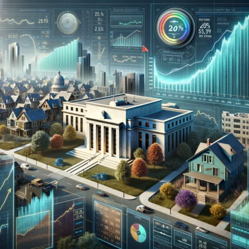 Dall·e 2024 02 09 08. 55. 09 a highly detailed and realistic collage that depicts the landscape of mortgage interest rates in 2024 emphasizing the factors influencing borrowing c e1707497901299