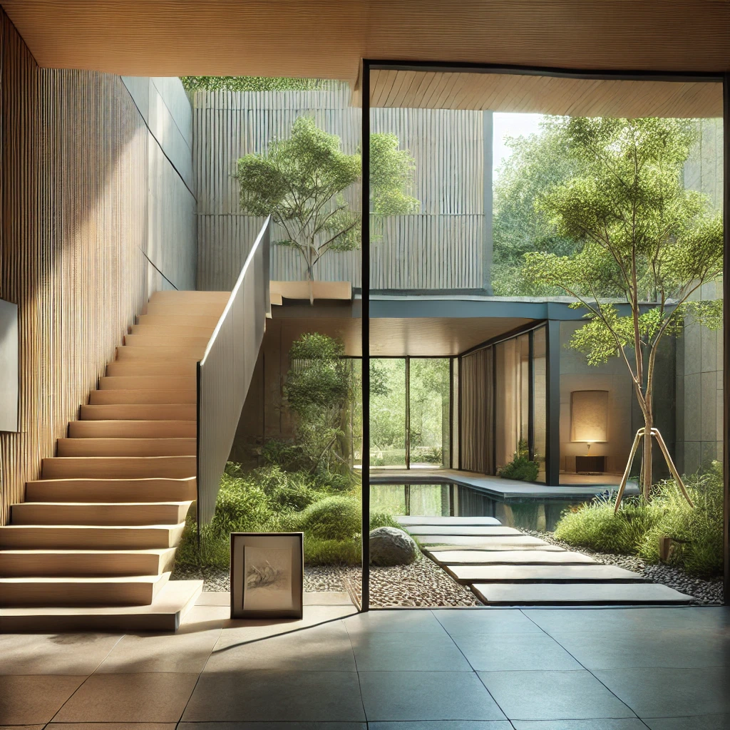 interior courtyard of modern home with a wooden staircase and trees