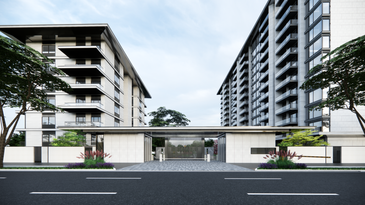 Modern luxury condominium building in Los Angeles featuring contemporary architecture and elegant design