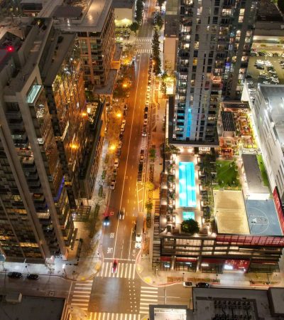 Luxury high-rise condominium building at 1100 Wilshire in downtown Los Angeles