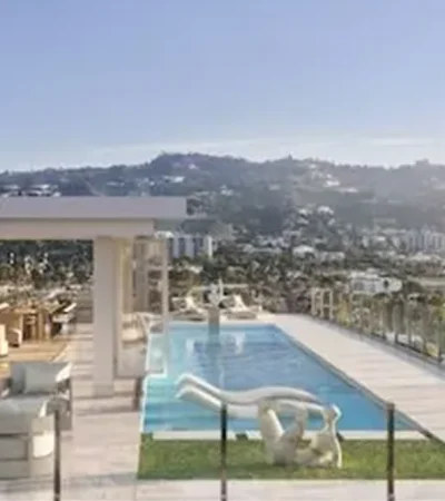 a pool with a view of a city