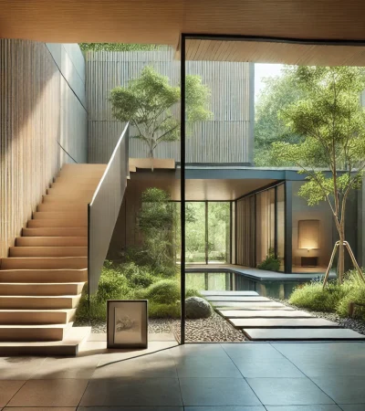 Montalba interior courtyard of modern home with a wooden staircase and trees