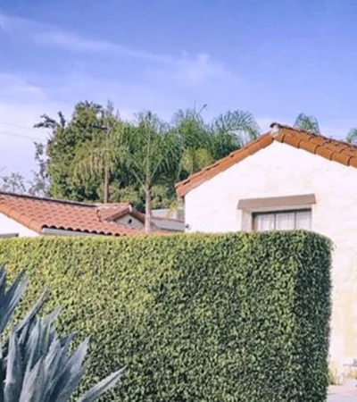 a house with a hedge and a blue sky