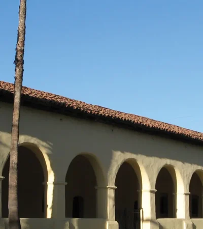 San Fernando a building with arches and a palm tree