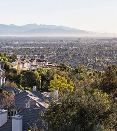 a city with trees and mountains in the background
