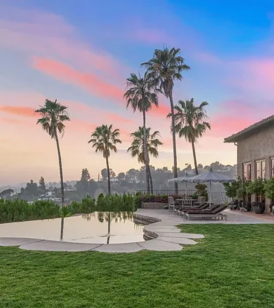 a pool in front of a building
