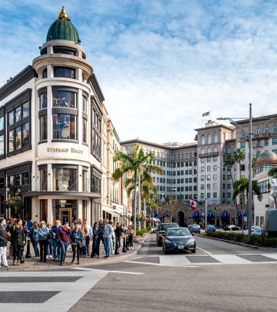 Modern luxury condominium building in Beverly Hills showcasing contemporary architecture and upscale residential design