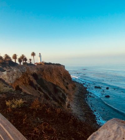 a view of the ocean from the top of a hill
