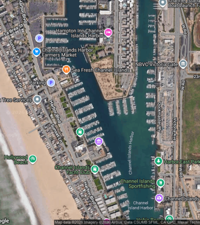 Aerial view of Channel Islands Harbor, California — waterfront real estate and coastal homes