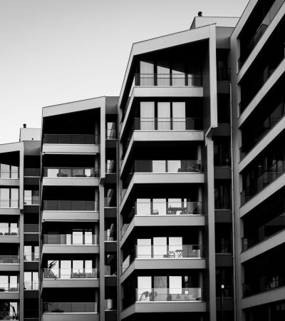 Modern luxury apartment building at Concord at River Village in Los Angeles with contemporary architecture and landscaping
