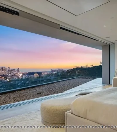 a large window with a view of a city