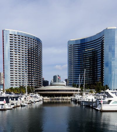 Luxury waterfront buildings in downtown Ventura, California real estate district