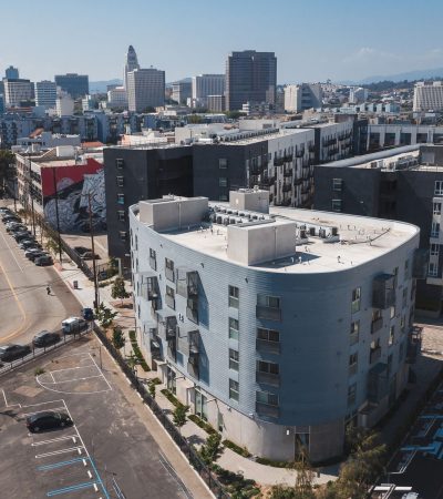 Contemporary condo building in Echo Park, Los Angeles featuring modern architecture and urban design