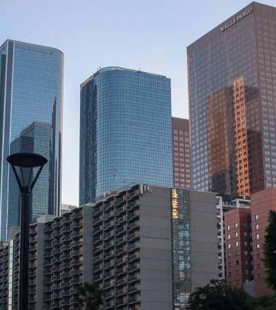 Modern luxury high-rise towers in Encino, Los Angeles, featuring contemporary architecture and premium residential amenities.