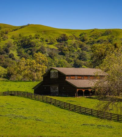 Luxury family farm estate in Hidden Valley, Woodside with rolling hills and modern architecture