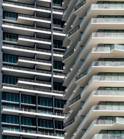 Modern luxury condominium building in Hollywood, Los Angeles showcasing contemporary architecture and urban living