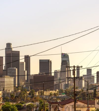 Modern luxury condominium building in Hollywood Hills, Los Angeles with contemporary architecture and city views