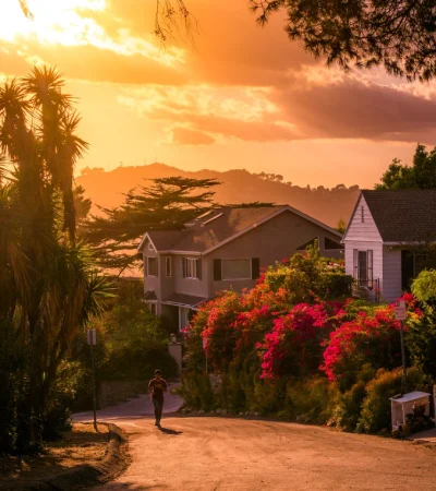 a person walking on a street with houses and trees
