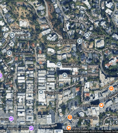 Exterior view of Horn Plaza luxury residential building in Los Angeles