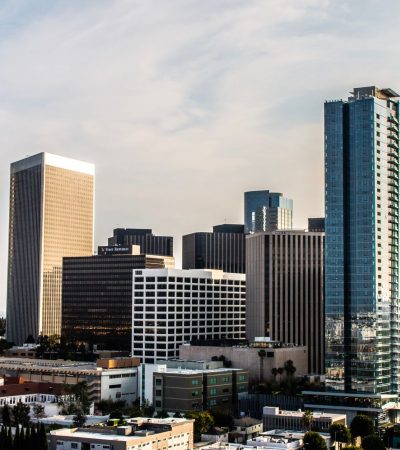 Modern high rise condominium tower in Los Angeles showcasing luxury urban living and contemporary architecture