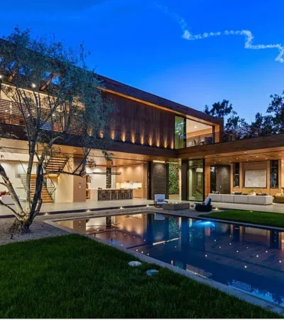 a house with a pool and a tree