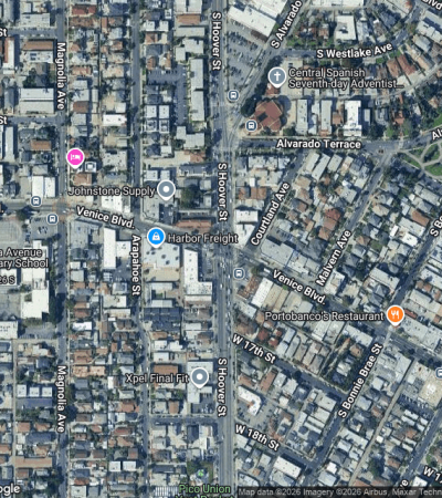 Elegant residential street in Pico-Union, Los Angeles showcasing historic architecture and tree-lined neighborhood