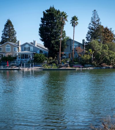 Elegant waterfront real estate property in Redwood City, California featuring modern architecture and bay views
