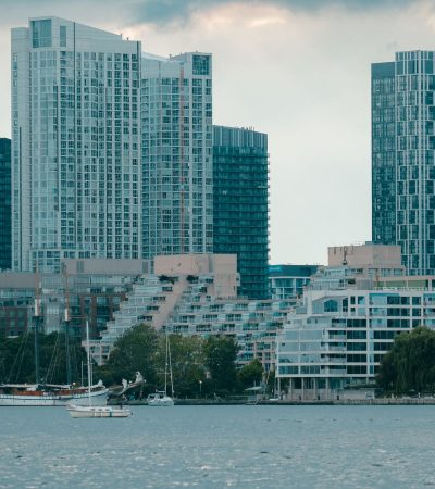 Luxury high-rise waterfront condominium building in Los Angeles with modern architecture and ocean views