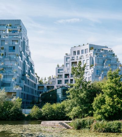 Modern luxury residential building in Skyline Village, South San Francisco with urban skyline views