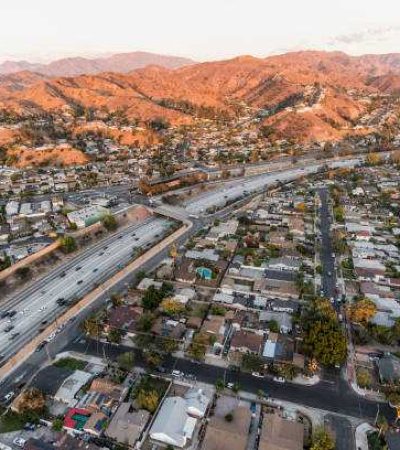 san fernando valley Aerial view Interstate 5 freeway and Verdugo Mountain in the San Fernando Valley near Burbank and Los Angeles, California.