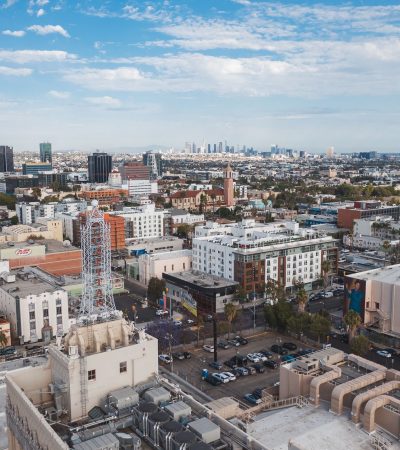 Modern loft-style luxury apartment building in Hollywood, Los Angeles featuring contemporary architecture and urban living sp