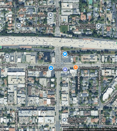 Modern luxury condominium building in Toluca Lake, Los Angeles featuring contemporary architecture and upscale amenities