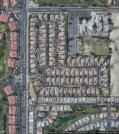 Elegant luxury home in Venezia, Palm Desert with modern architecture and desert landscaping