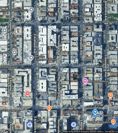 Modern luxury residential building in Wilshire Center, Los Angeles with contemporary architecture and urban design